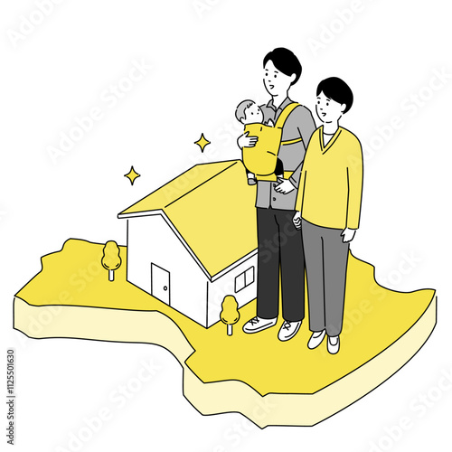 福島県の地図と若い家族・家のイラスト、ベクター