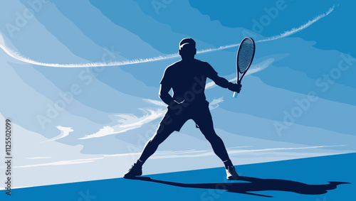 Silhouette of a Tennis Player Ready to Strike Against a Blue Sky