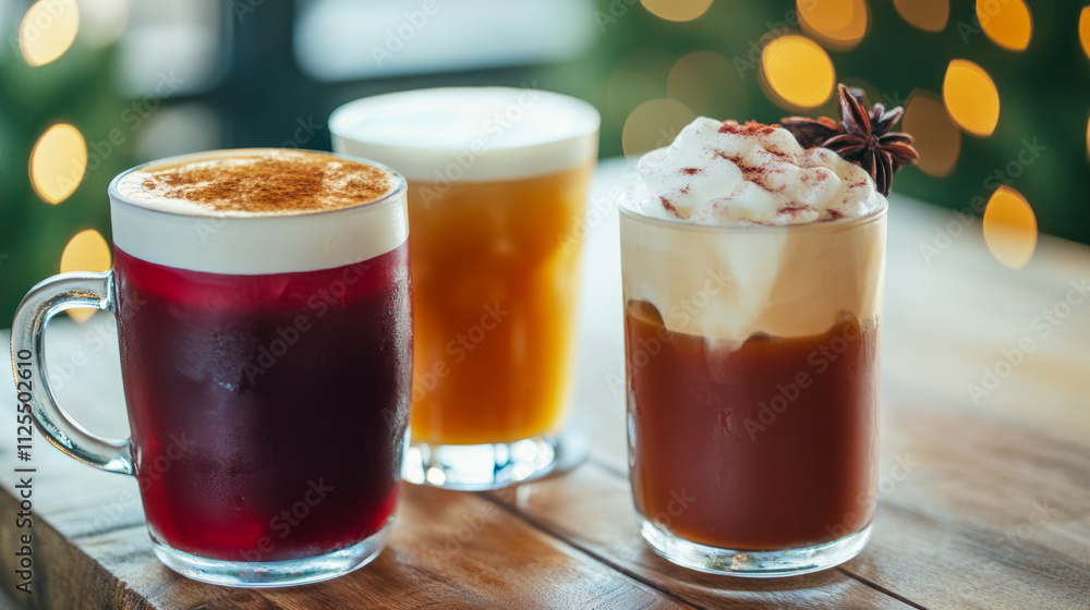 Assorted festive drinks on wooden table with cinnamon and anise Assorted festive drinks on wooden table with cinnamon and anise