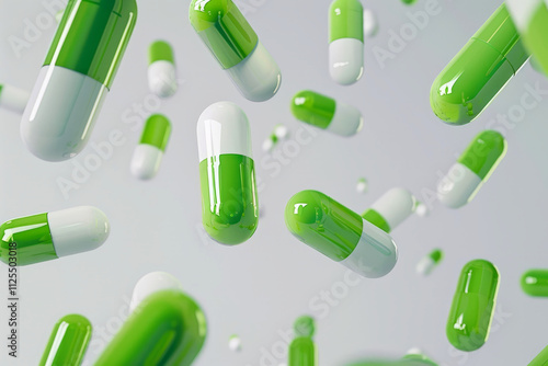 Green pills and capsules floating in the air against a white background, illustrating medicine, and pharmaceutical concepts.