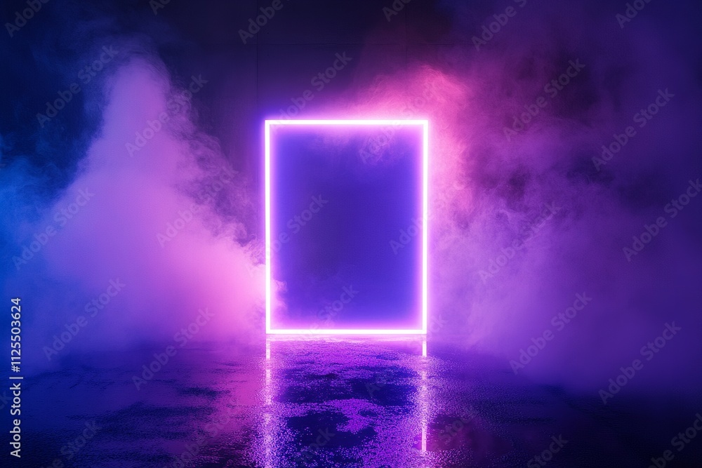 Glowing neon rectangle enveloped in smoke Glowing neon rectangle enveloped in smoke