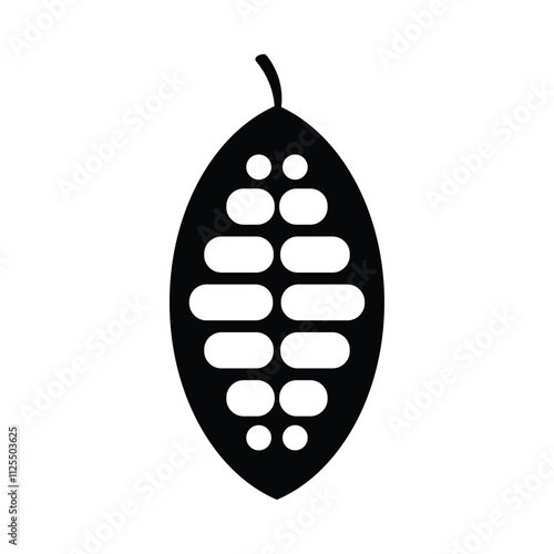 Cocoa beans isolated on a white background vector illustration. Cocoa pod. Fresh cocoa fruit, half sliced cacao pod with cacao beans inside. Trendy Flat logo. EPS 10.