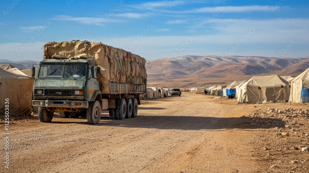 Aid Truck Delivers Supplies to Refugee Camp in the Desert Aid Truck Delivers Supplies to Refugee Camp in the Desert