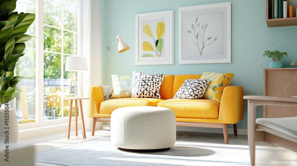 Fototapeta premium Modern living room with yellow sofa and botanic artwork in sunlit space, Hostingcore concept