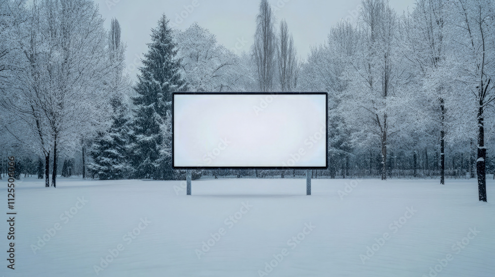 Fototapeta premium Blank billboard in snowy winter landscape with trees