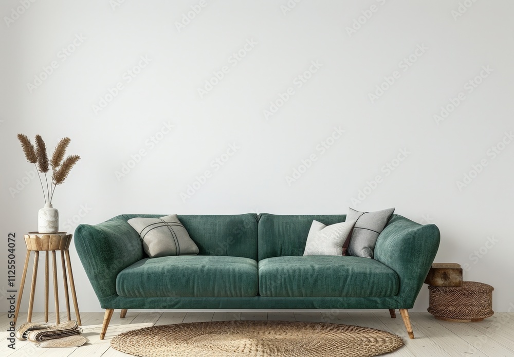 A green velvet sofa with throw pillows sits in front of a white wall. a wooden side table with dried pampas grass. a woven rug. and a woven basket on the floor