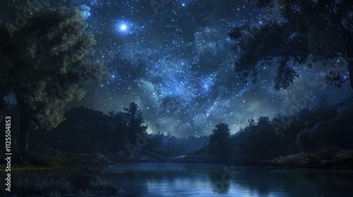Wallpaper Mural Starry night sky over tranquil lake and forest. (1) Torontodigital.ca