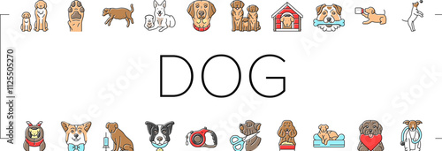 dog breeding genetics pedigree icons set vector. temperament health, nutrition training, socialization whelping, kennel lineage dog breeding genetics pedigree color line illustrations