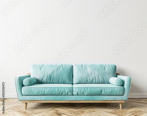 A light blue velvet sofa with wooden legs sits in front of a white wall in a room with a wooden floor