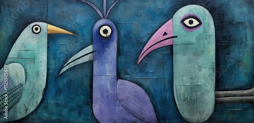 Colorful abstract mural featuring stylized birds in a vibrant urban setting during daylight photo