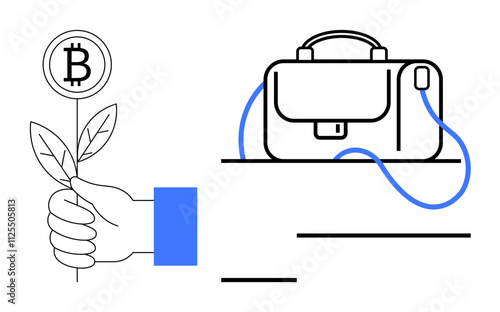 Businessmans hand holding Bitcoin plant next to a digital wallet. Ideal for cryptocurrency, digital finance, investment growth, fintech, modern economy, blockchain, and online transactions. Line