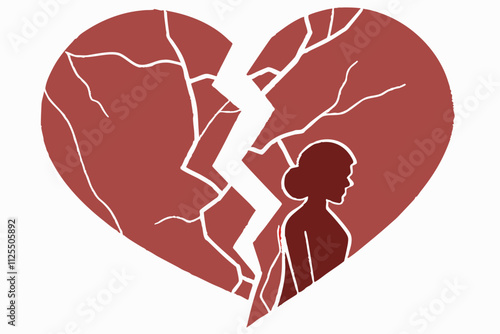 Broken heart silhouette, A heart split in two jagged pieces, with a visible crack separating them vector silhouette on a white background