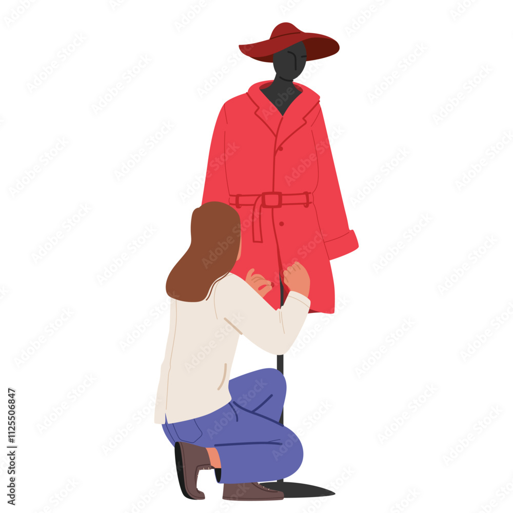 Woman shop assistant dressing dummy mannequin for showcasing new seasonal clothing arrival Woman shop assistant dressing dummy mannequin for showcasing new seasonal clothing arrival