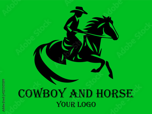 Black cowboy rides fast horse against green background. Suitable for westernthemed designs, posters, and storytelling visuals needing a dynamic element