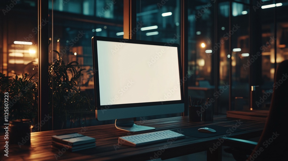 Nighttime Office Workspace With Blank Computer Screen Nighttime Office Workspace With Blank Computer Screen