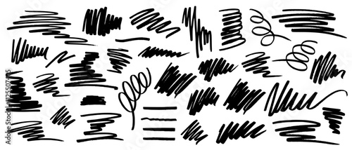Set of abstract chaotic handwritten scribbles with black marker with uneven line thickness, jagged torn edges, zigzag wavy lines. Vector texture brushes on white background.