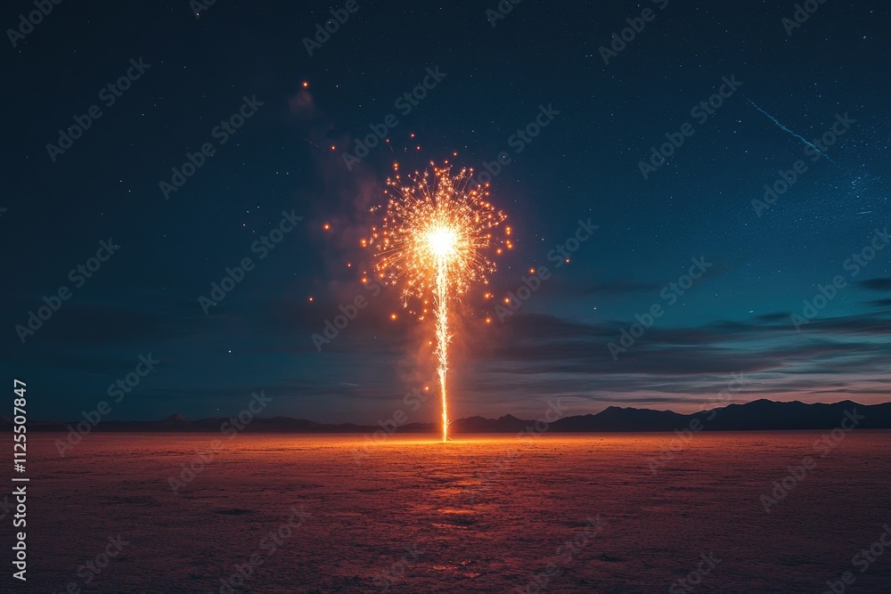 Obraz premium Solitary Fireworks Display in a Vast, Starlit Desert Landscape