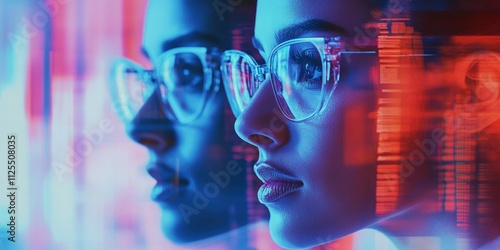 High-Tech, Futuristic Female Portrait with Glasses and Digital Effects