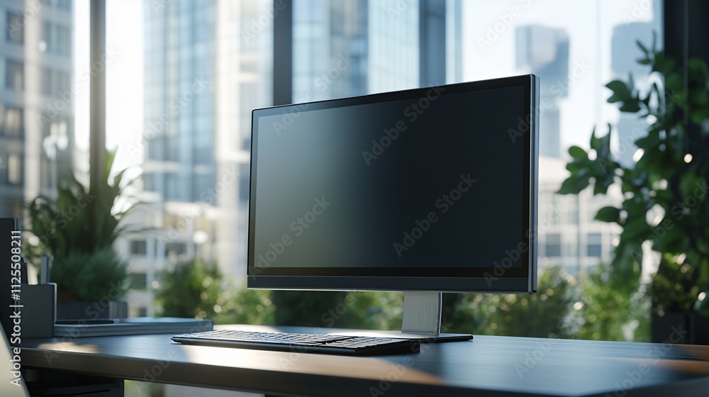 Fototapeta premium Modern Computer Setup Near Office Window With City View