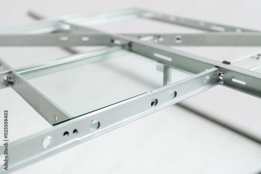 A close-up of a metal frame on a table, suitable for use in technology or industry related contexts A close-up of a metal frame on a table, suitable for use in technology or industry related contexts