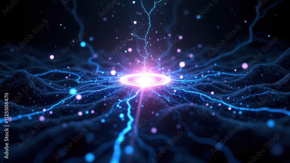 Naklejka premium Computer-generated imagery of an abstract neural network with a spark of energy at its center.