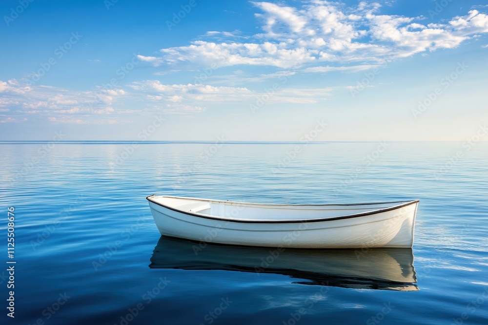 A peaceful scene featuring a lone boat floating gently on tranquil waters under a bright blue sky filled with soft, fluffy clouds. Generative AI A peaceful scene featuring a lone boat floating gently on tranquil waters under a bright blue sky filled with soft, fluffy clouds. Generative AI