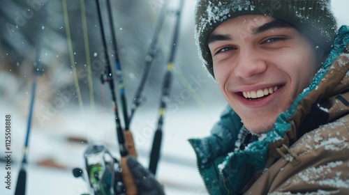 smiling guy in close-up in warm clothes. on a winter bluer background with fishing rods. the concept of winter fishing