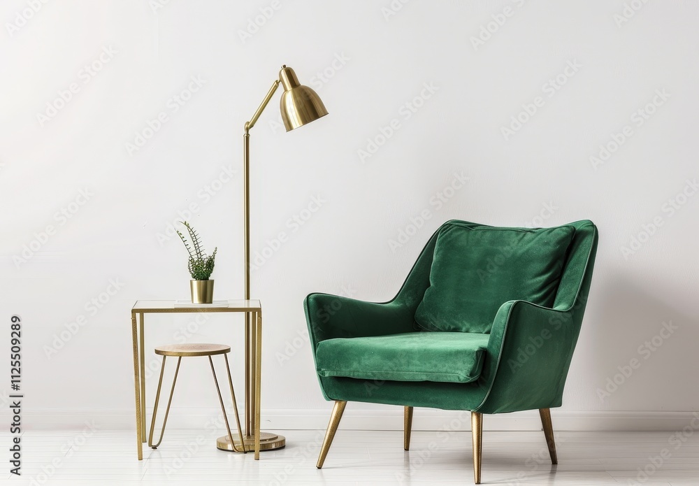 Fototapeta premium A green velvet armchair with gold legs and a gold floor lamp next to a marble side table in a white room