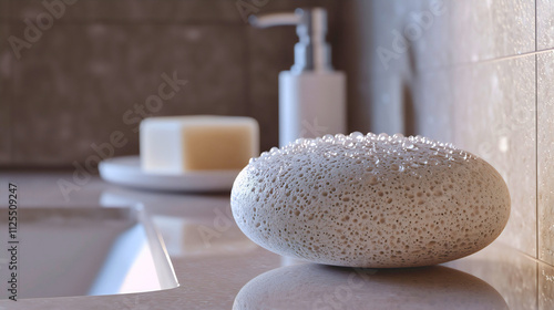 A foot stone of classic dimensions and appearance, placed in the bathroom and used for maintaining and caring for the skin. A natural stone for removing calluses and preserving the skin. photo