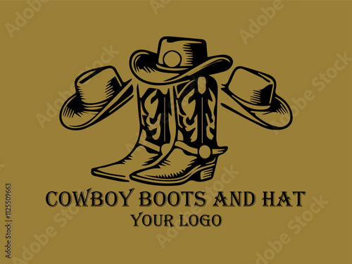 Black cowboy boots and hat with gold background  suitable for western fashion, rodeo, cowboy lifestyle, and country music themes