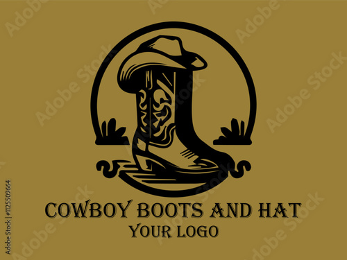 Black cowboy boots and hat with gold background  suitable for western fashion, rodeo, cowboy lifestyle, and country music themes photo