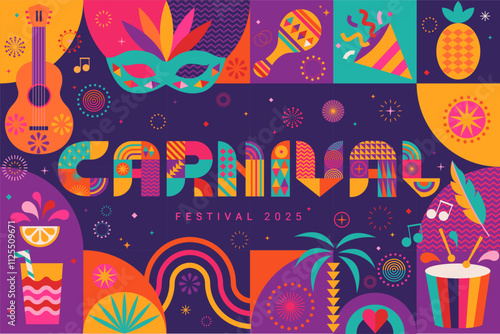 Carnival flyer for festival 2025.Banner,invitation for holiday.Party card to carnaval,mardi gras,masquerade, parade with fireworks and symbols of holiday. Template for design flyer, web,poster. Vector photo