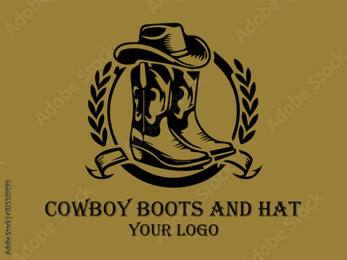 Black cowboy boots and hat with gold background  suitable for western fashion, rodeo, cowboy lifestyle, and country music themes