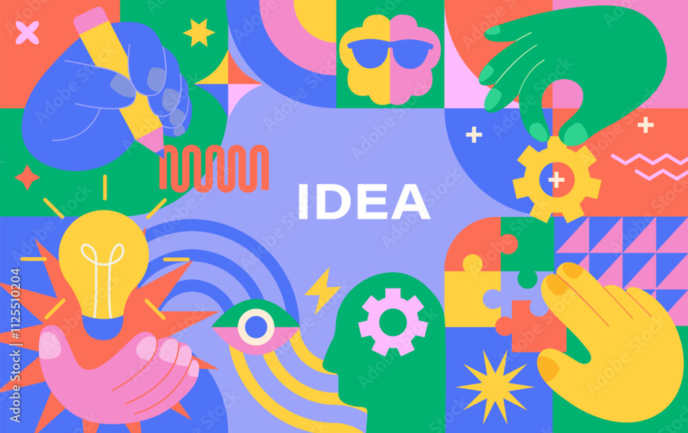 Fototapeta premium Bright concept of idea, inspiration, creativity, solutions for business or startups. Creative mind, brainstorm, creative idea concept. Vector illustration for web, banner, flyer, social media.
