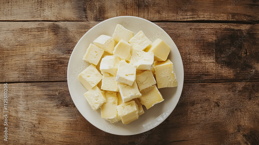 Cubes of butter on rustic wooden table: culinary ingredients for baking and cooking
