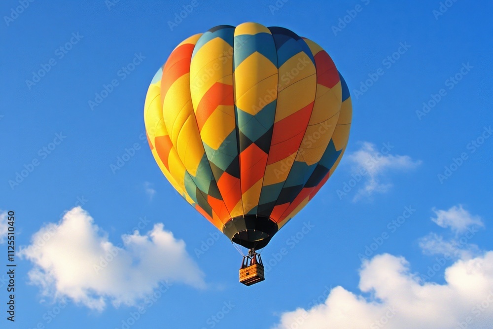 Obraz premium A colorful hot air balloon soaring through a clear blue sky, perfect for adventure and travel themes