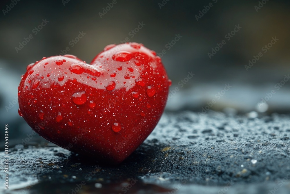 Fototapeta premium A single red heart sits on a wet surface