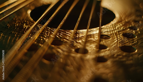 Selective focus of acoustic six string guitar sound hole and Phosphor bronze strings photo