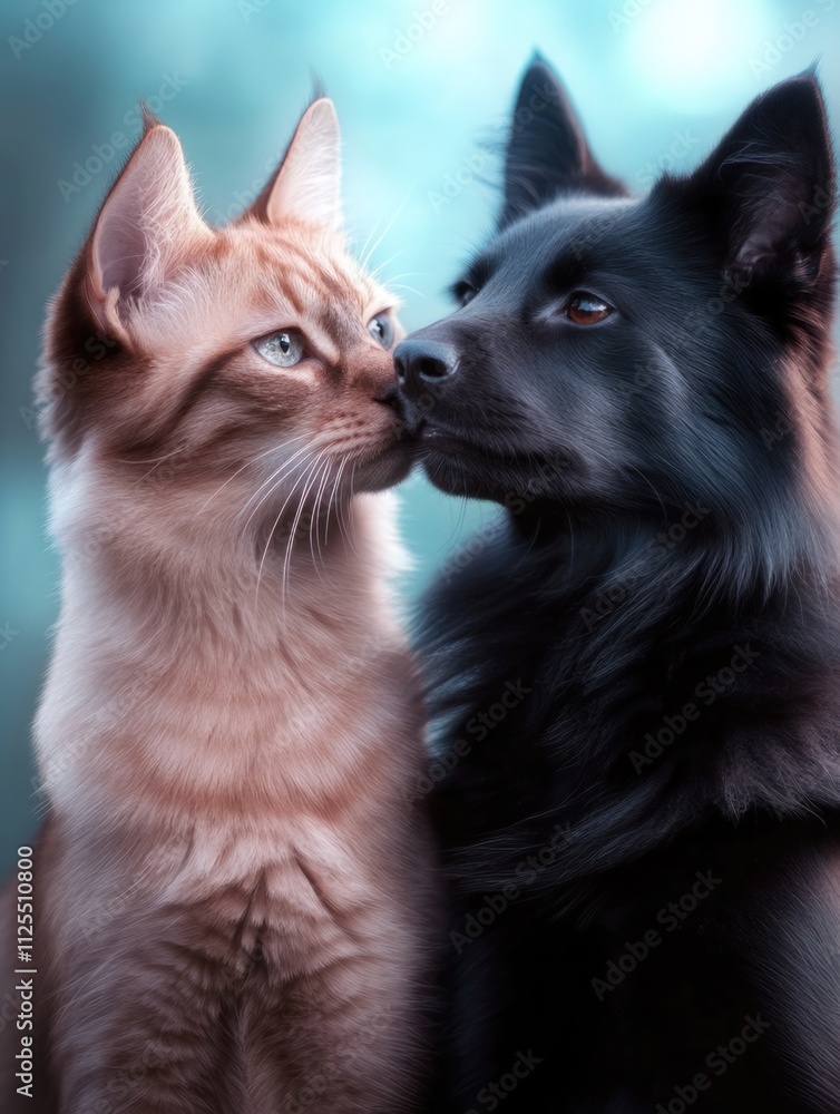 A touching photograph showing a ginger cat and a dark dog gently nuzzling noses, captured under a beautifully soft light, signaling love and companionship. A touching photograph showing a ginger cat and a dark dog gently nuzzling noses, captured under a beautifully soft light, signaling love and companionship.