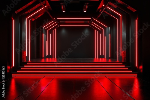 Futuristic glowing stage with red neon lights, minimalist, dark background photo