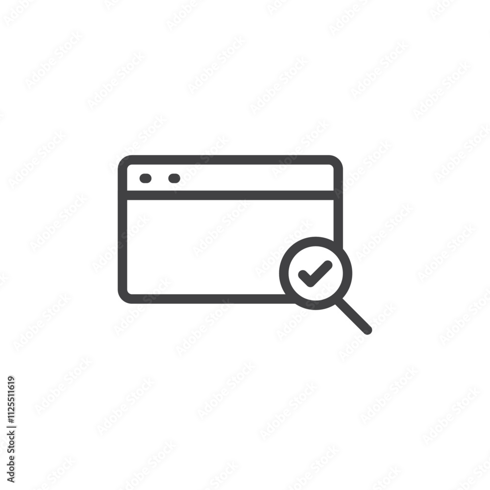 Web page with a magnifying glass and check mark icon Vector logo outline Web page with a magnifying glass and check mark icon Vector logo outline