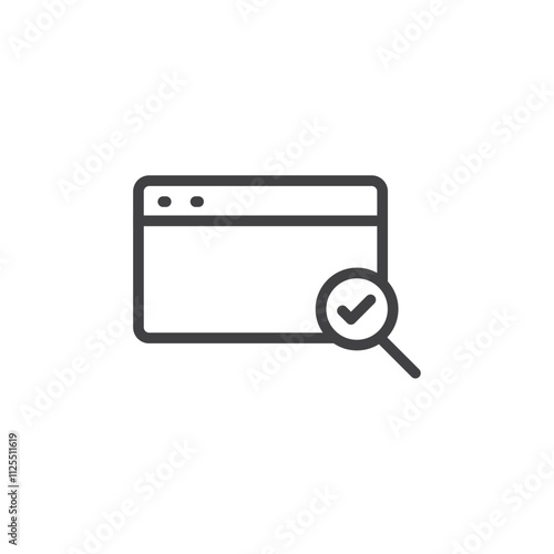 Web page with a magnifying glass and check mark icon Vector logo outline