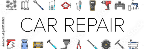 car repair tools wrench icons set vector. socket ratchet, pliers jack, lift screwdriver, multimeter, compressor, torque car repair tools wrench color line illustrations