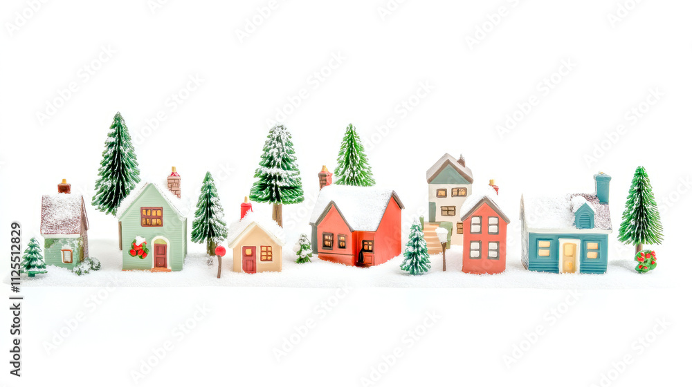 Obraz premium Charming miniature winter village with snow-dusted colorful houses and evergreen trees