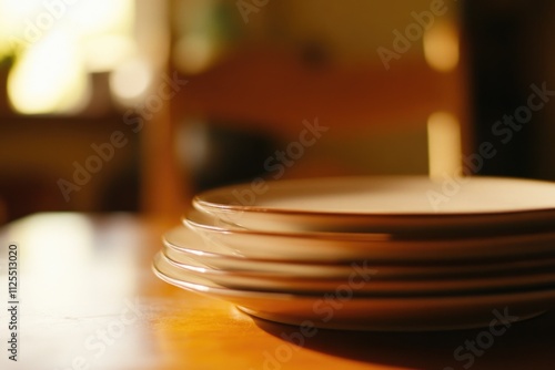 A stack of plates sits on a wooden table, perfect for a dinner party or kitchen setting