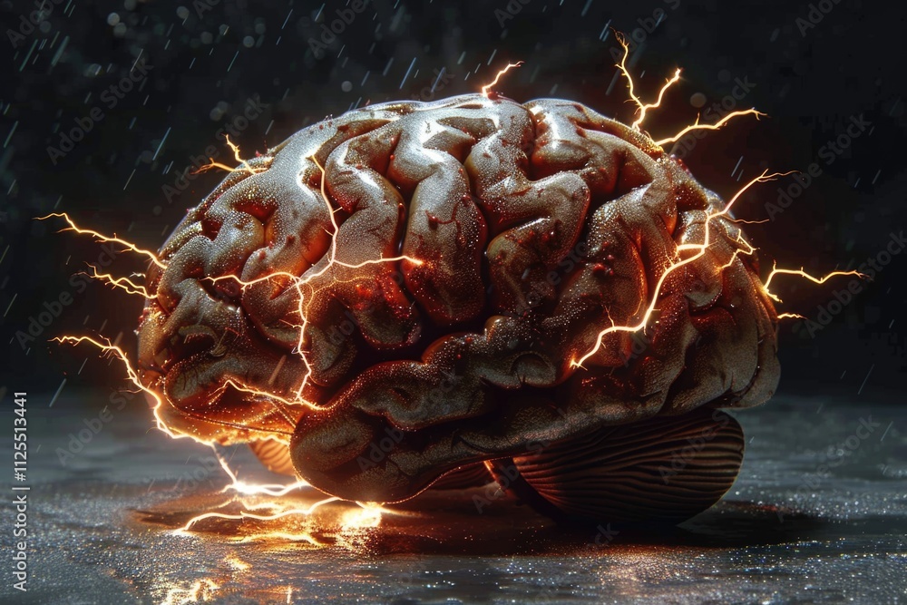 A close-up of a human brain with electricity discharging from it, ideal for medical or scientific illustrations A close-up of a human brain with electricity discharging from it, ideal for medical or scientific illustrations