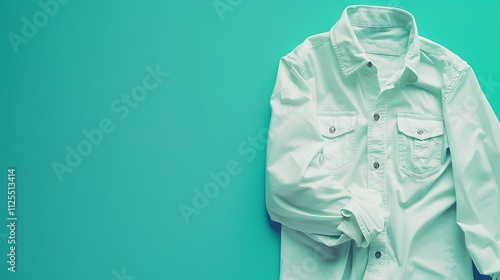 A classic white button-up shirt with rolled sleeves on a solid teal background