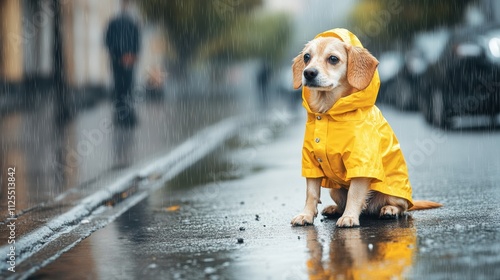 Fototapeta Naklejka Na Ścianę i Meble -  A small dog in a bright yellow raincoat is sitting on a wet street during light rain, looking around with curiosity. Generative AI