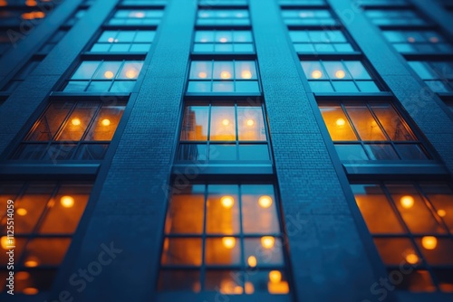 Nighttime cityscape with a tall building featuring many lit up windows, great for urban and modern scenes #1125514059