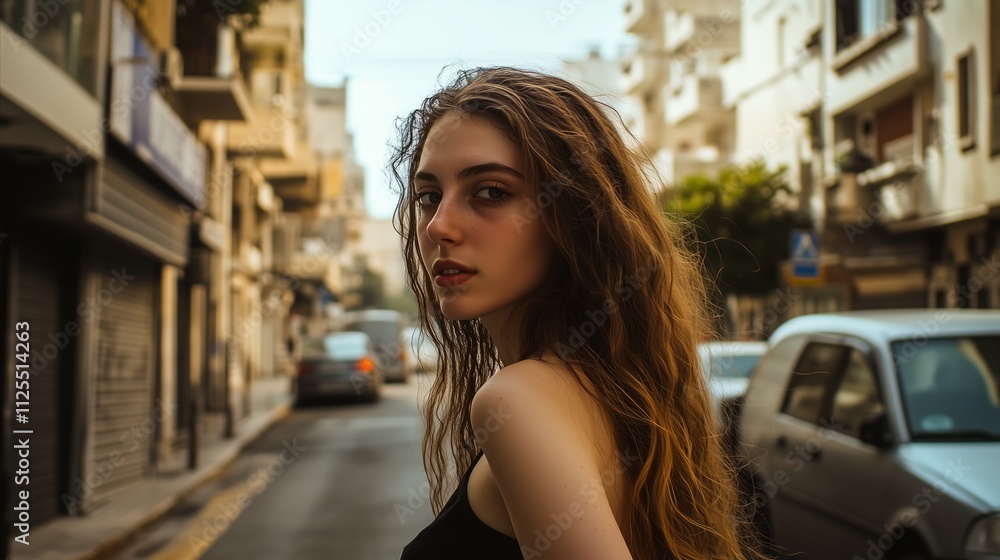 Woman with long brown hair is standing on a city street Woman with long brown hair is standing on a city street